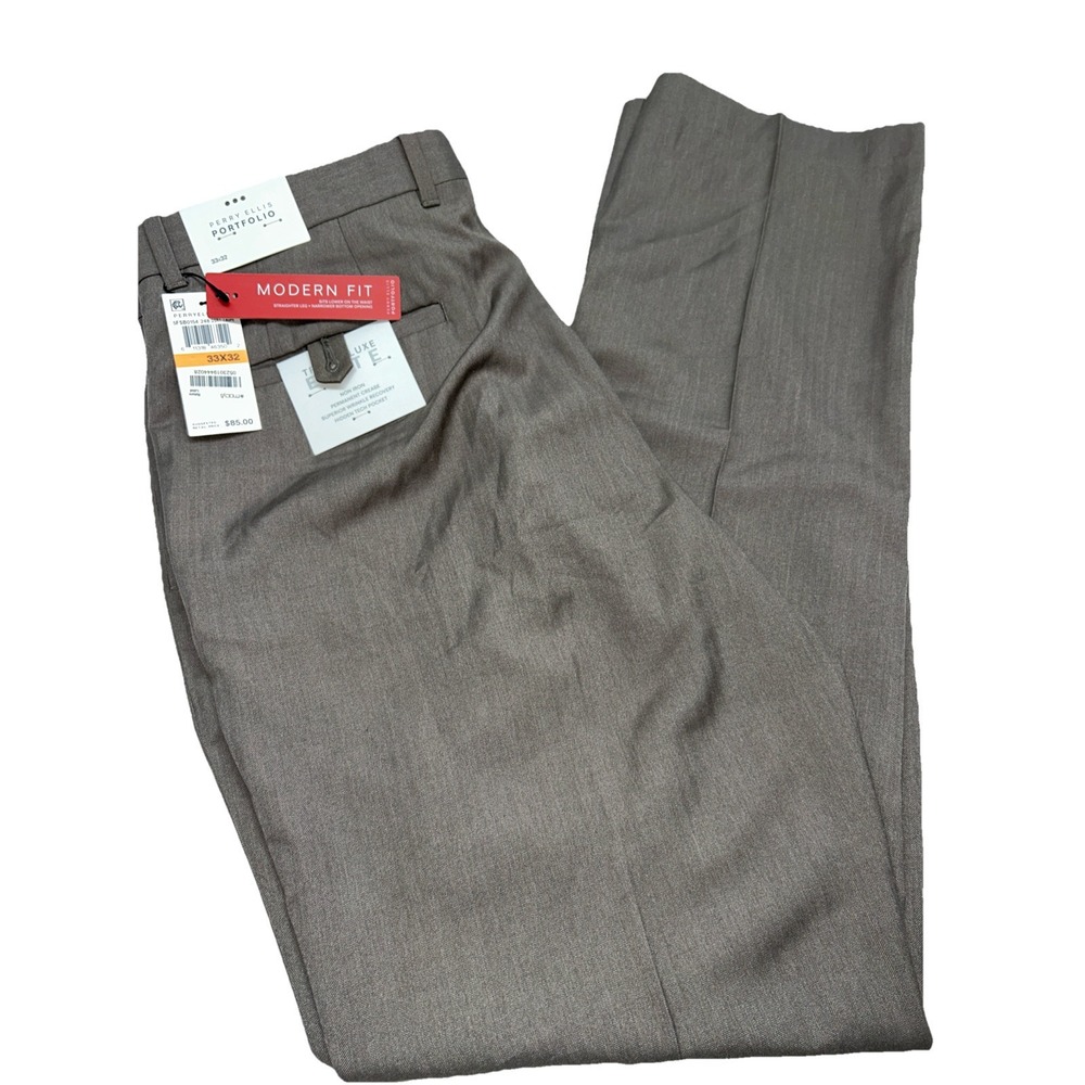 Perry Ellis Travel Luxe‎ Elite Desert Taupe Modern Fit Dress Pants, Mens 33x32